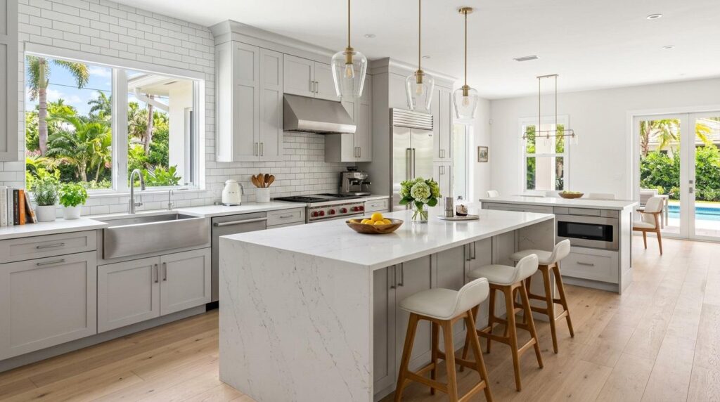 Bright gray Shaker kitchen remodel with quartz island, palm tree views, and gold pendant lights in South Florida