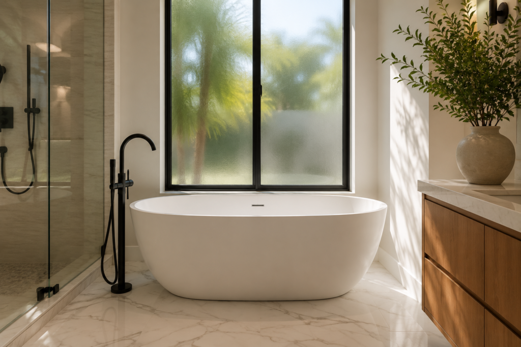 White freestanding soaking tub with matte black floor-mounted fixtures in modern South Florida bathroom - Florico Design