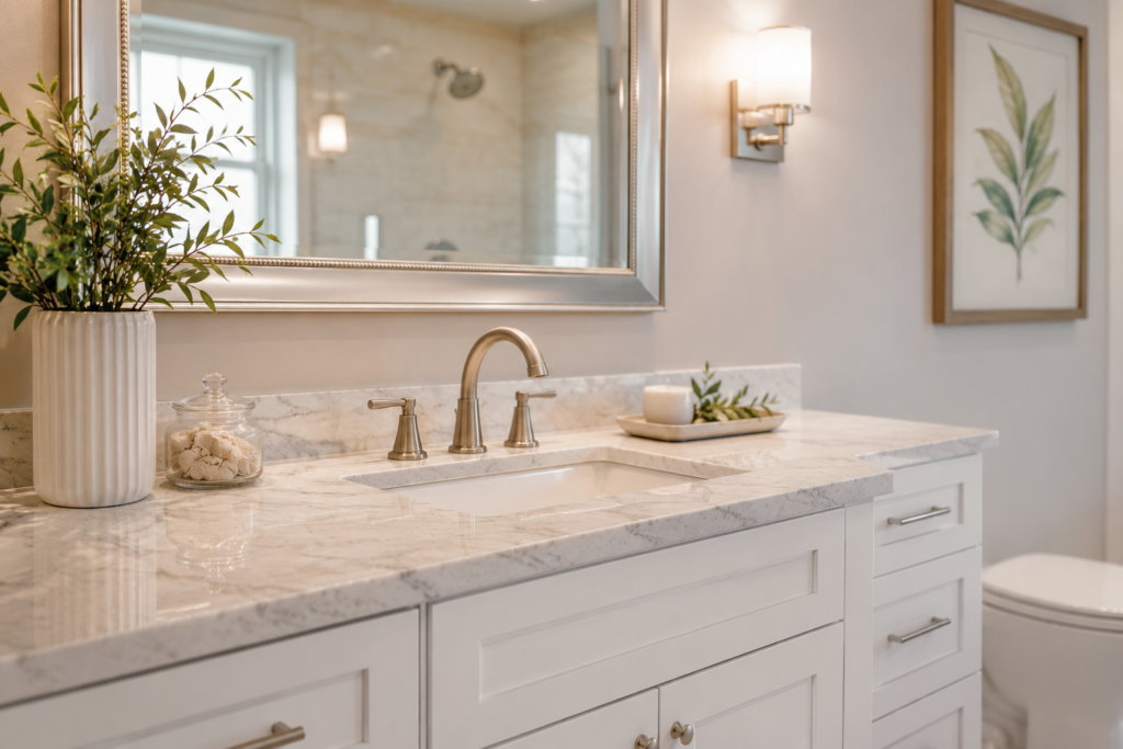 White shaker bathroom vanity with marble countertop and brushed nickel faucet - Florico Design