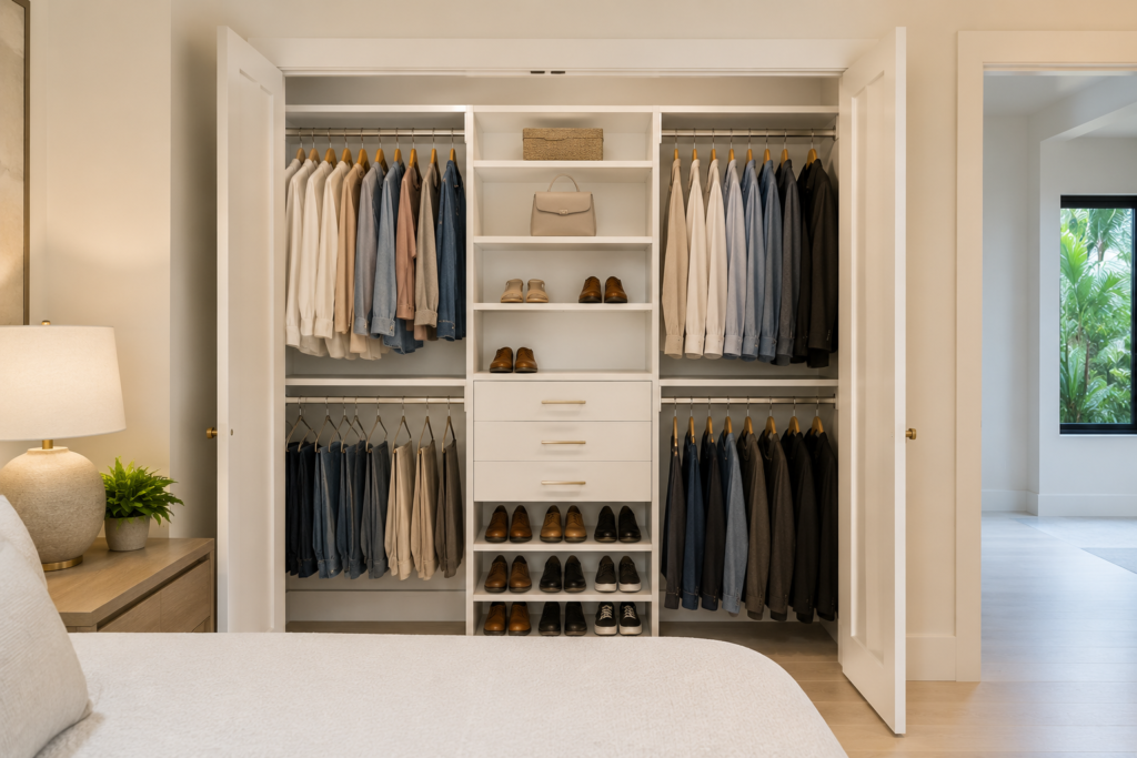 Custom reach-in closet with white shelving system and organized hanging rods - Florico Design