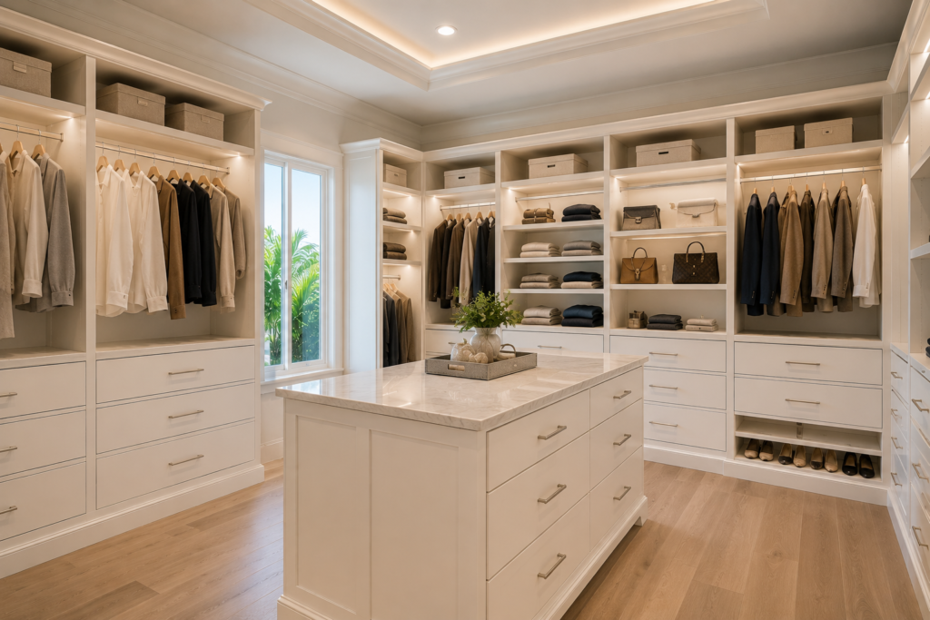 Luxury master walk-in closet with center island, built-in shelving and hanging rods - Florico Design Coconut Creek