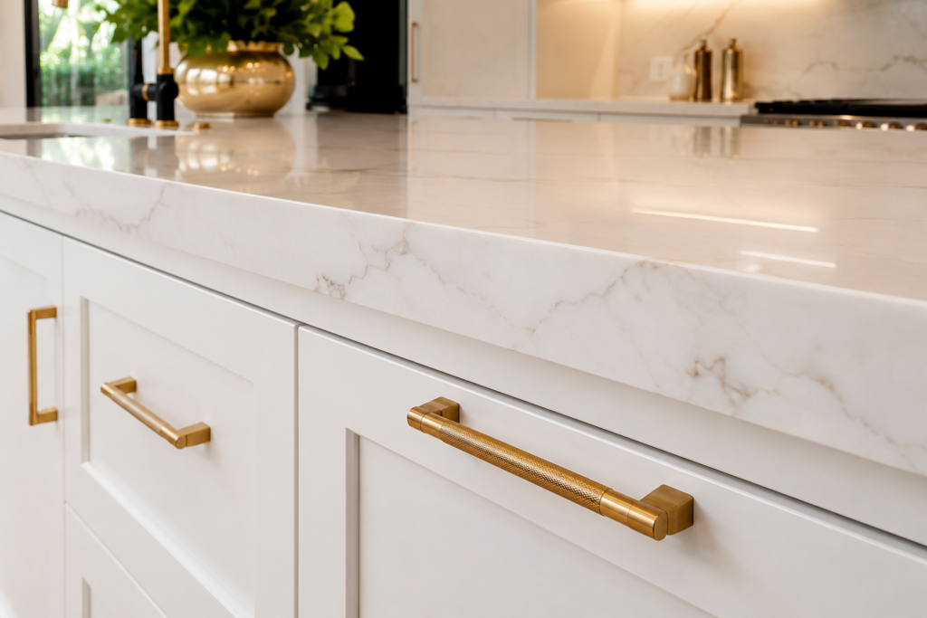 Close-up of white shaker cabinet doors with brass bar pulls and marble quartz countertop - Florico Design