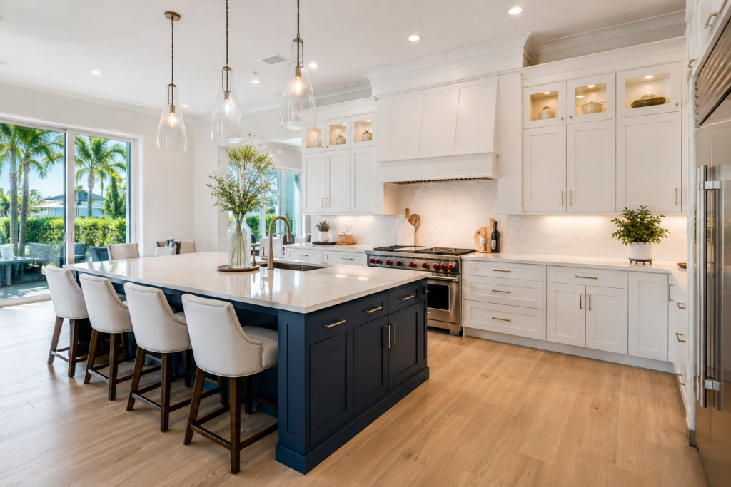 Finished kitchen remodel with navy blue island and white shaker perimeter cabinets, South Florida home - Florico Design