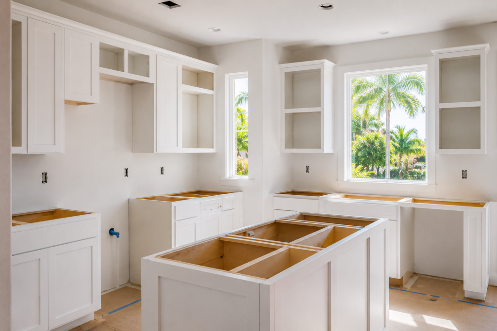 Kitchen cabinet installation in progress showing white shaker cabinet boxes mounted in South Florida home - Florico Design