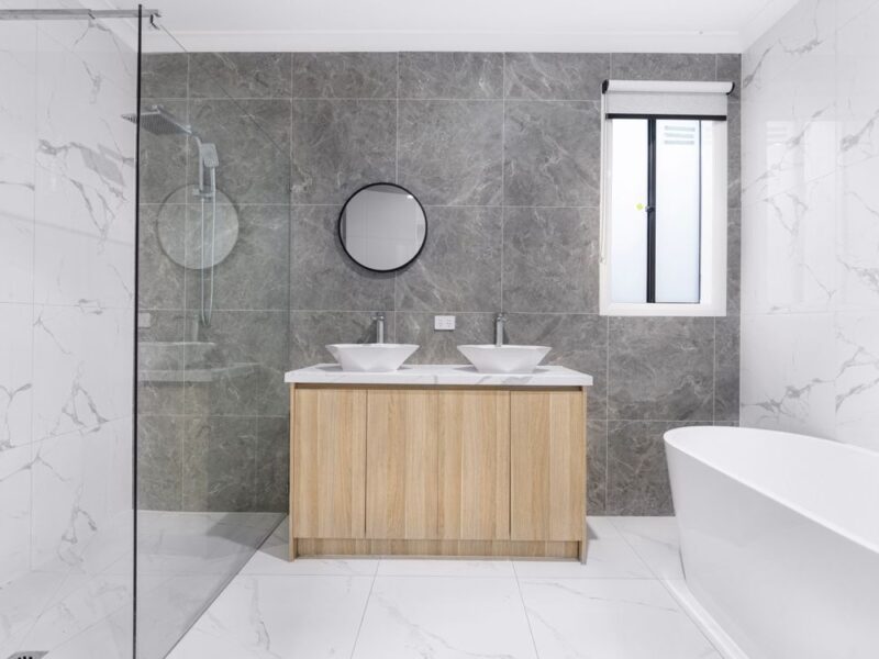 Modern minimalist bathroom interior design with floating vanity