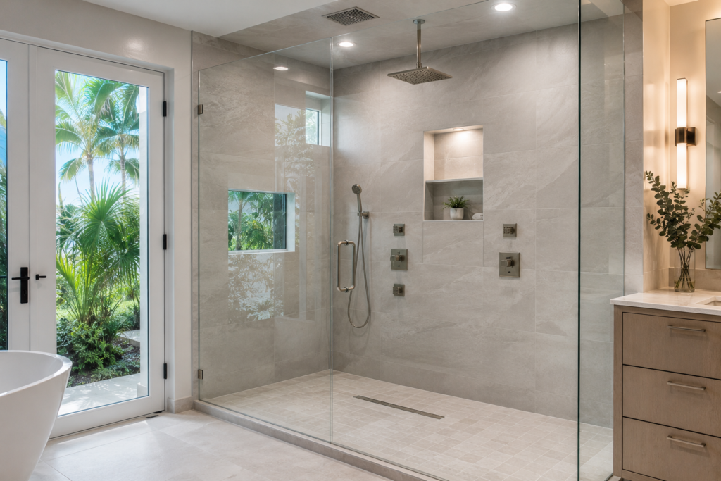 Luxury walk-in shower with frameless glass door, large format tile and rainfall showerhead - Florico Design