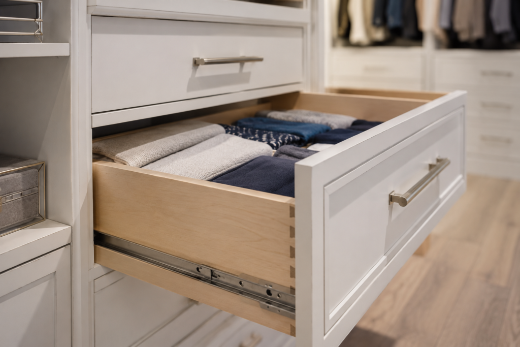 Custom closet soft-close pull-out drawer detail with white painted finish and brushed nickel hardware - Florico Design