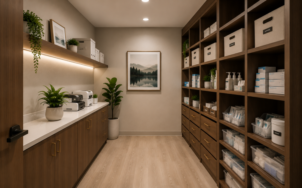 Professional exam and storage room with custom walnut cabinetry – Florico Design South Florida