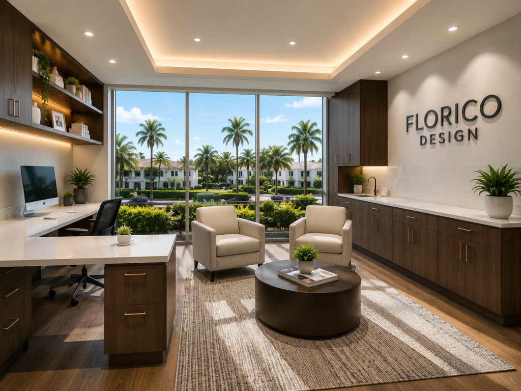 Luxury office re-design by Florico Design – open plan workspace with South Florida palm tree view