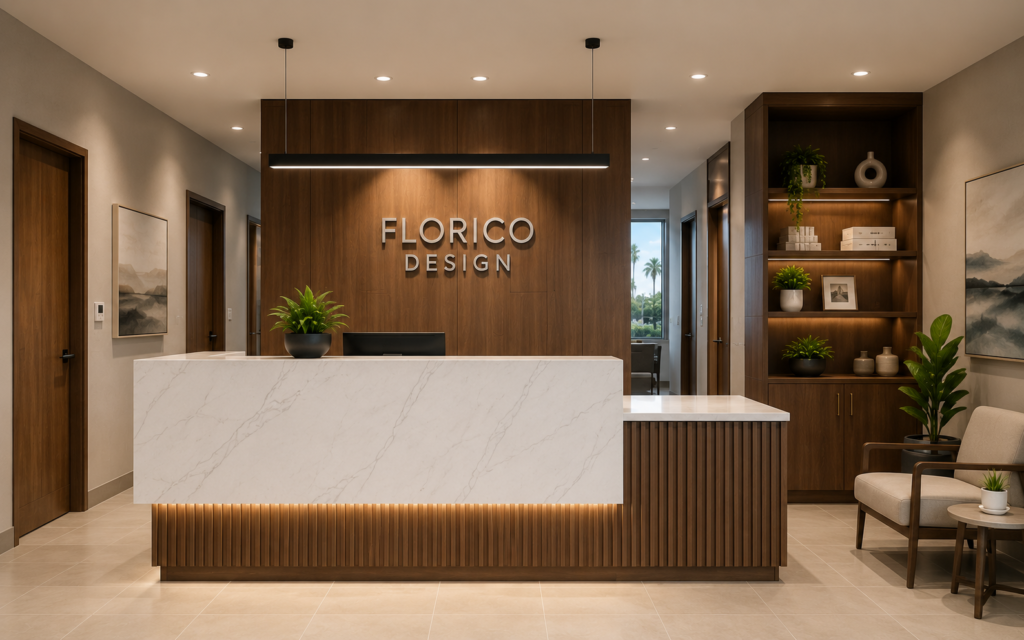Modern office reception desk with marble front and Florico Design branding – South Florida