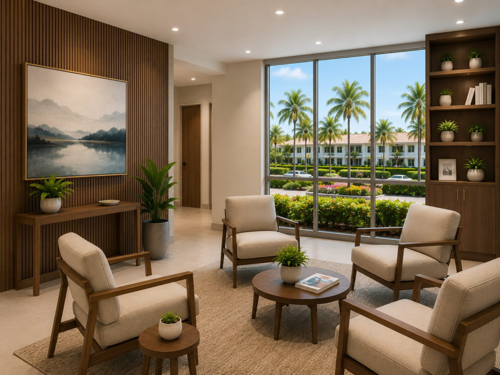 Elegant office waiting room lounge with custom cabinetry and Florida outdoor view – Florico Design