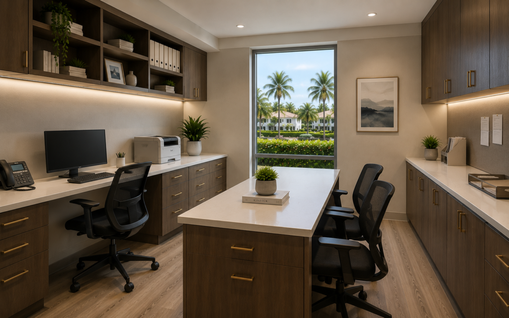Custom office workspace with built-in cabinetry and dual desks – Florico Design Coconut Creek